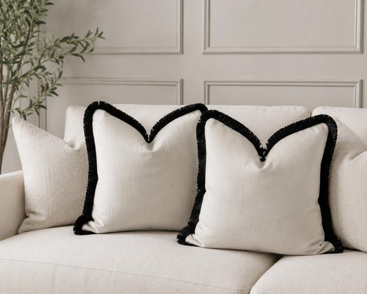 Cream Plush Velvet Cushion Cover with Black Fringe