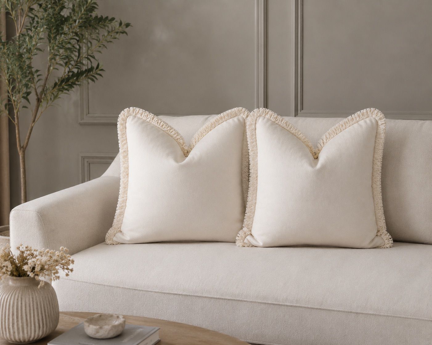 Cream Plush Velvet Cushion Cover with Cream Fringe