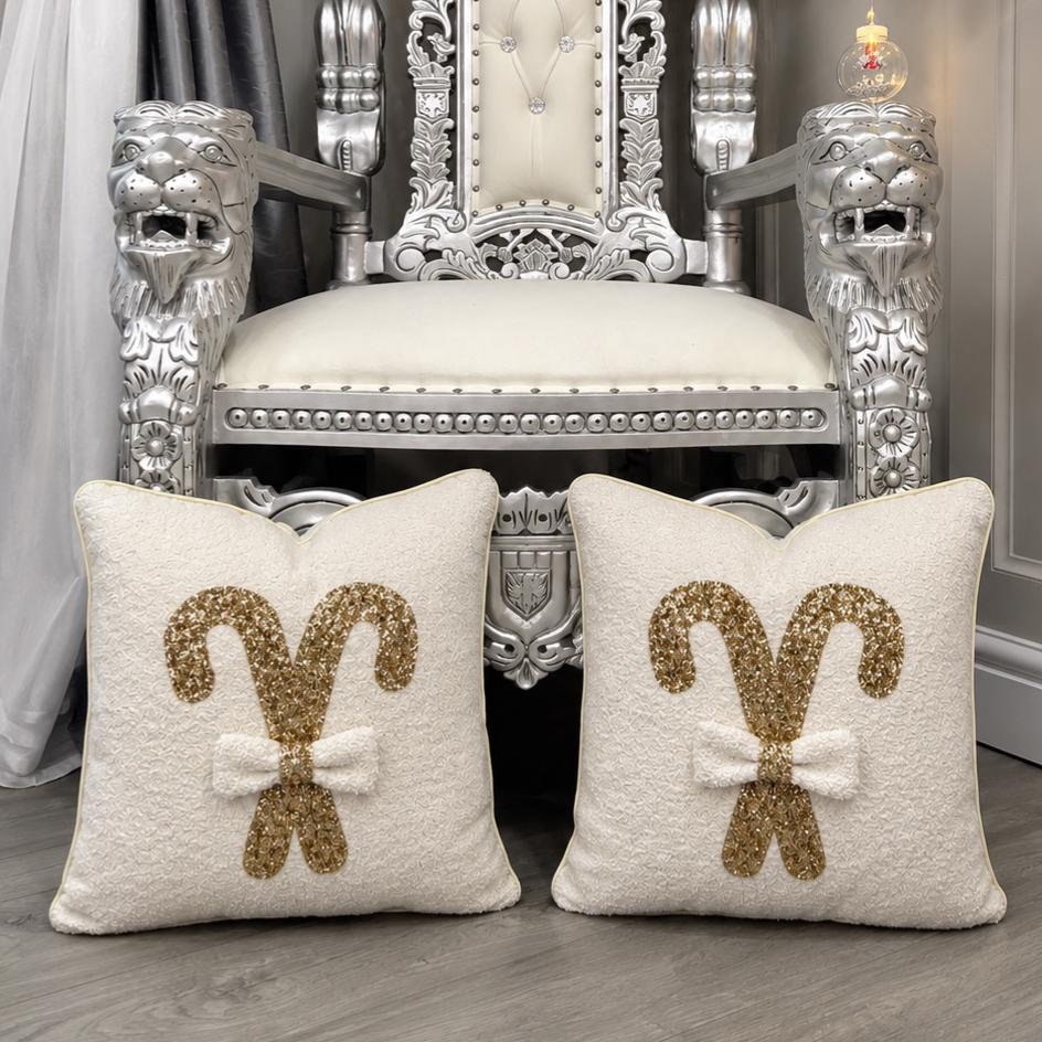 Cream Boucle and Gold Candy Cane Bow Cushion