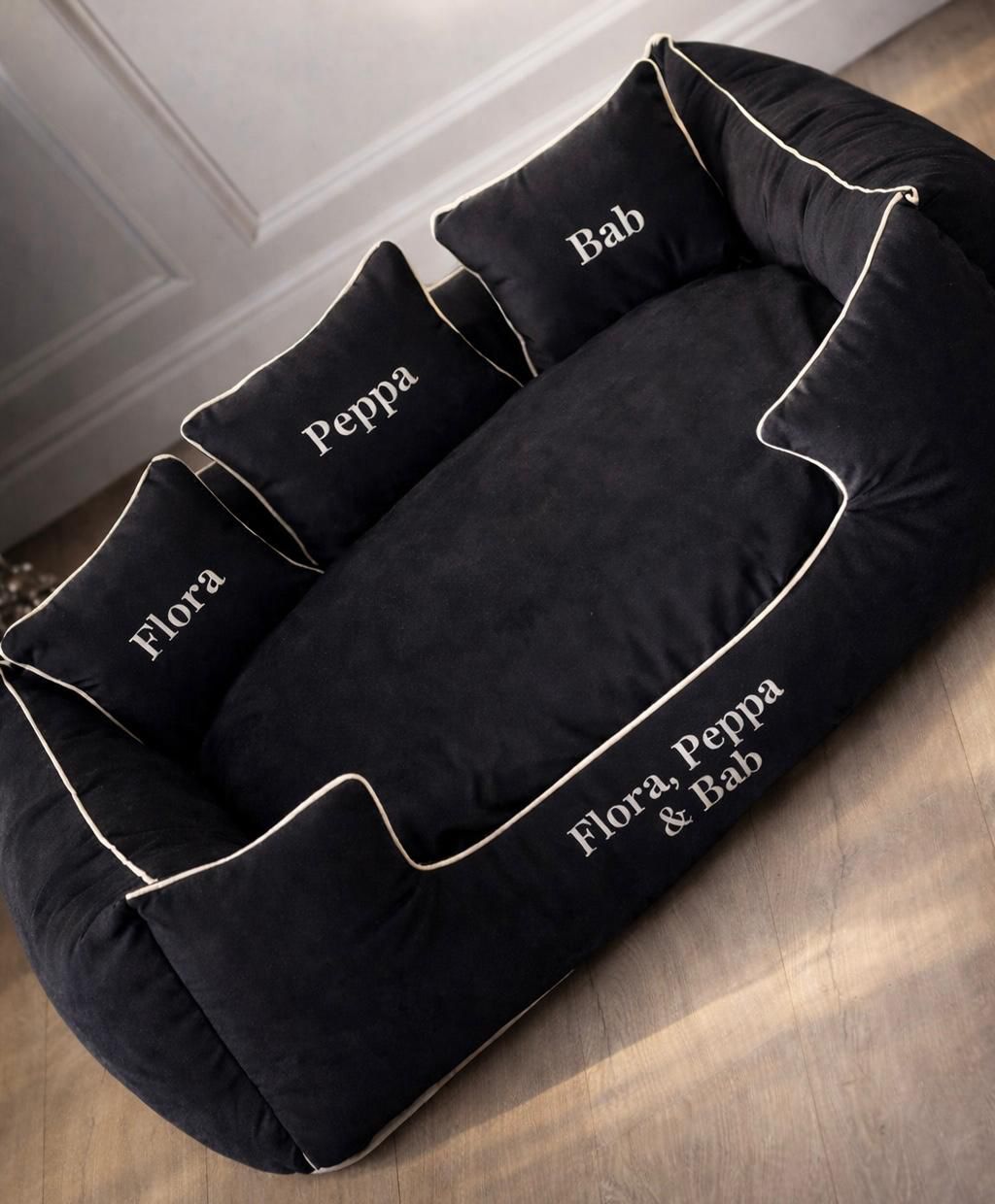 Black Plush Dog Bed With Cream Piping - With Personalisation