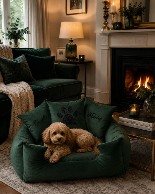 Emerald Plush Dog Bed With Black Piping - With Personalisation