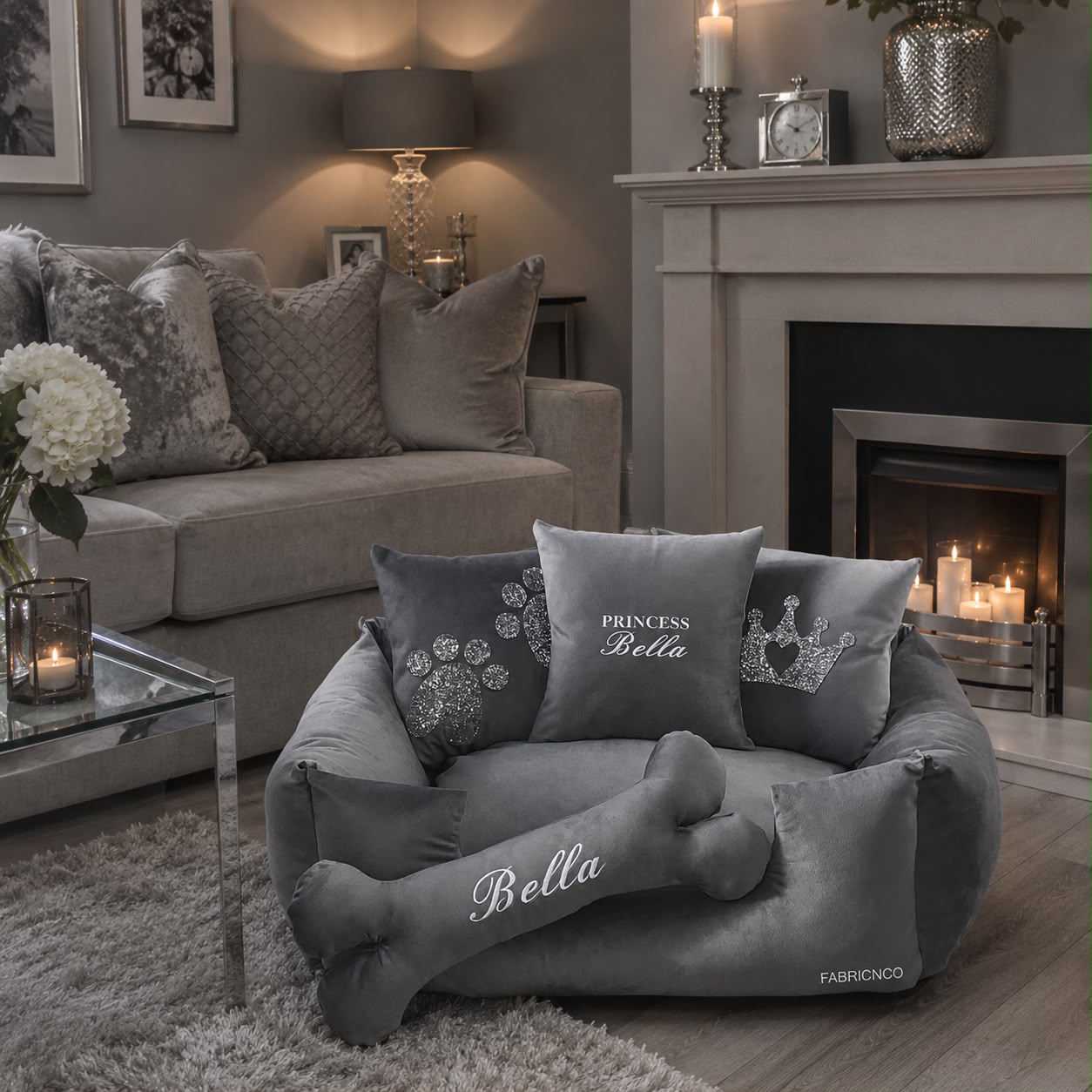 Grey Plush Personalised Dog Bed With Bone Cushion (All Sizes)