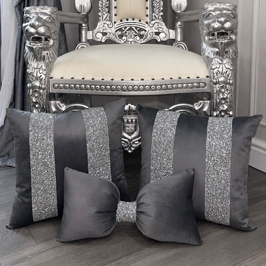 Grey & Silver Glitter Plush Cushions With Bow (Set of 3)