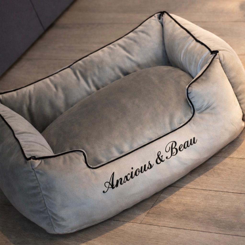 Grey Plush Dog Bed With Black Piping - With Personalisation