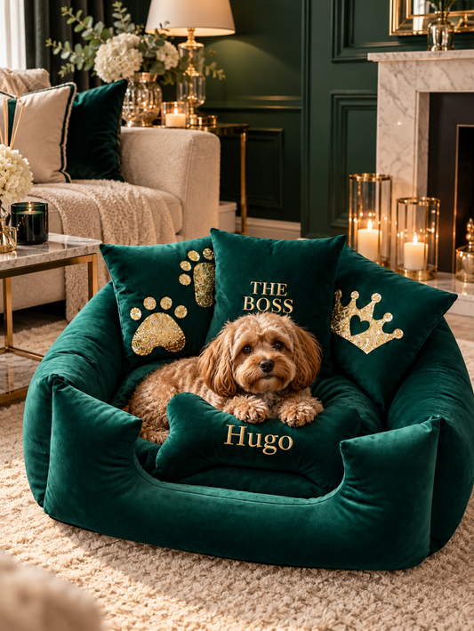 Emerald & Gold Bone Plush Dog Bed - With Personalisation