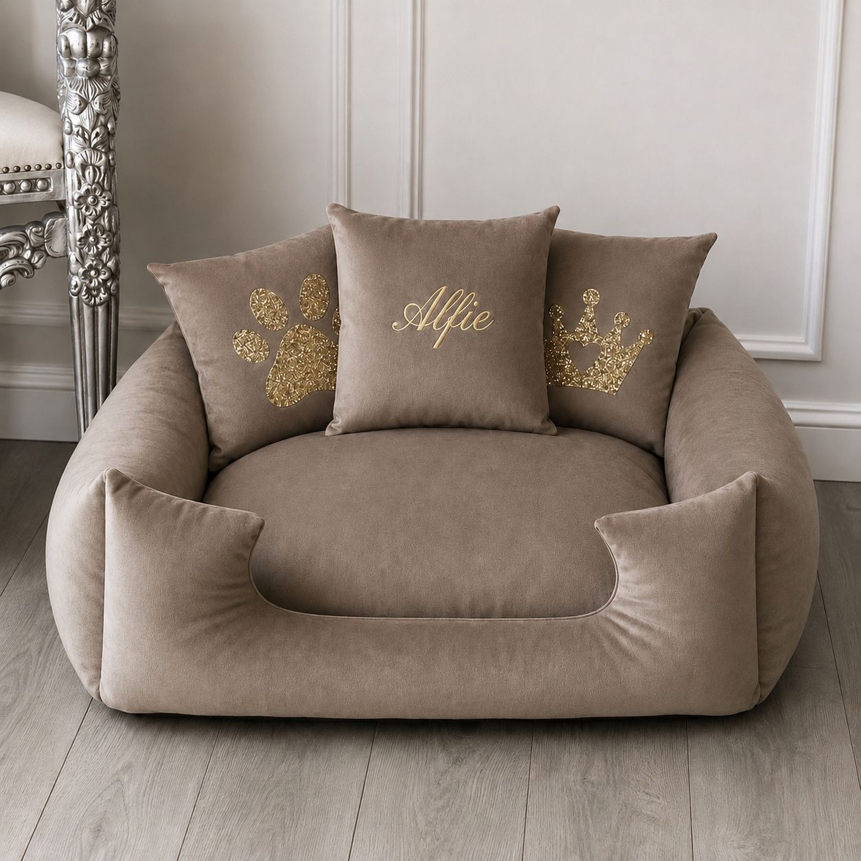 Mink and Gold Plush Dog Bed - With Personalisation
