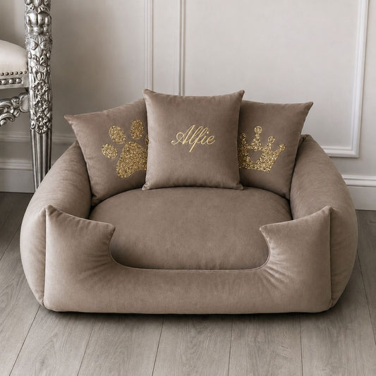 Mink and Gold Plush Dog Bed - With Personalisation