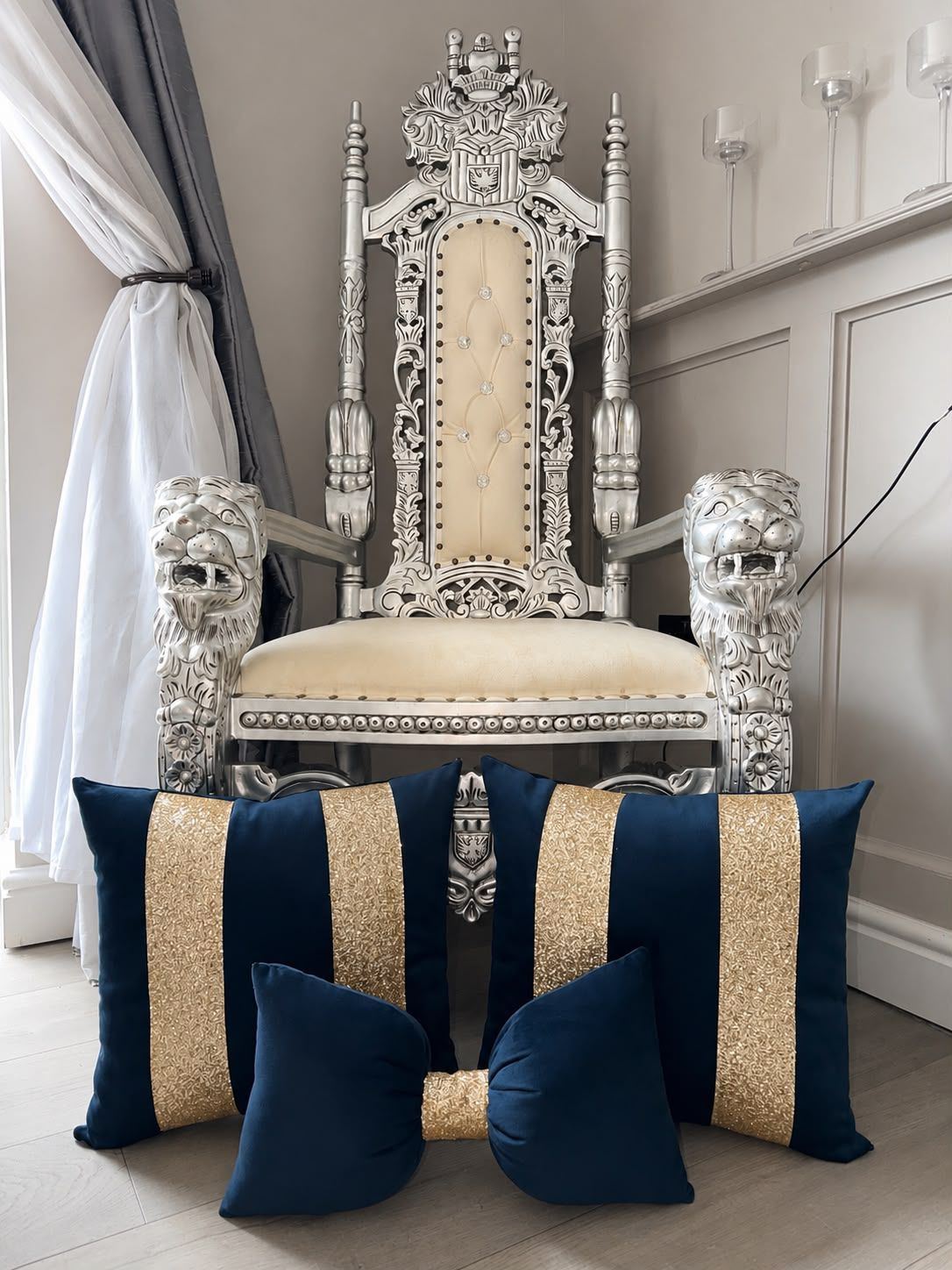 Navy & Gold Glitter Plush Cushions with Bow (Set of 3)