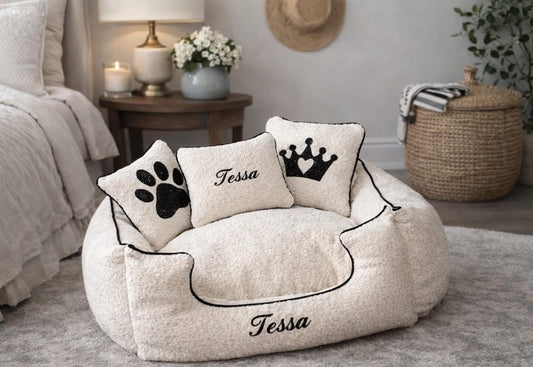 Cream Boucle Dog Bed with Black Piping - With Personalisation