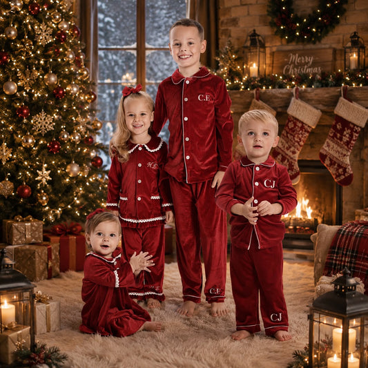Red Personalised Velvet Christmas Pyjamas - Kids