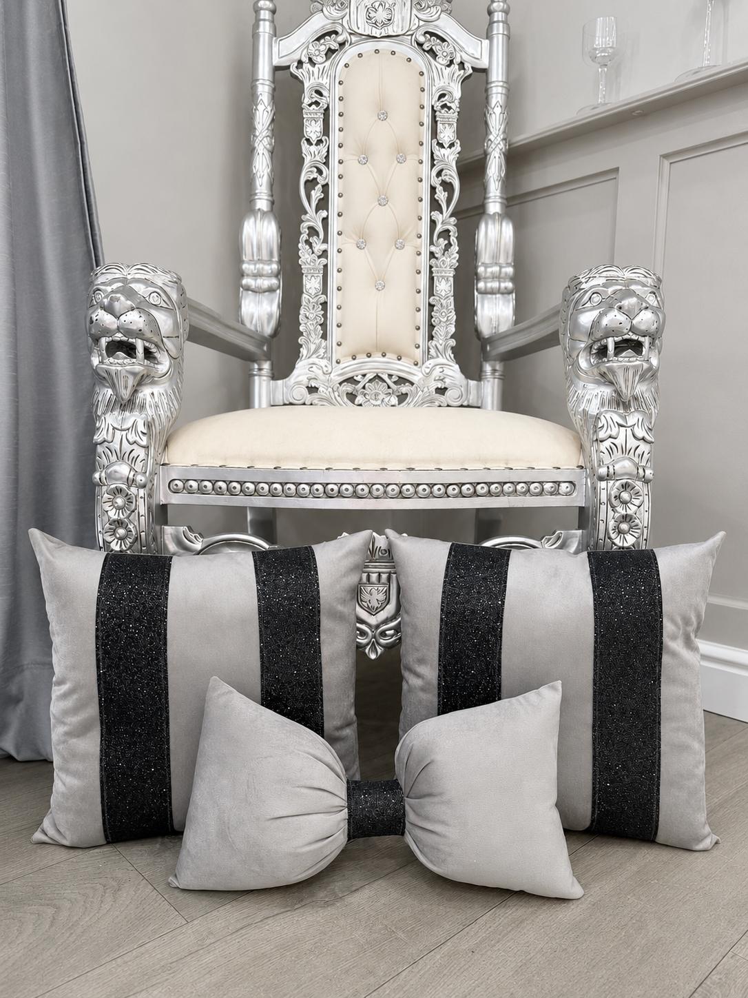 Silver & Black Glitter Plush Cushions with Bow (Set Of 3)