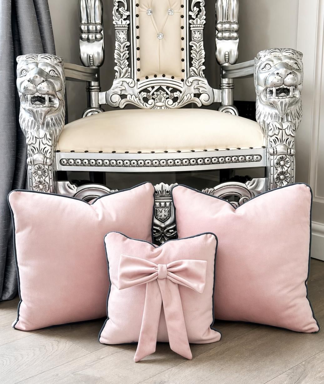 Soft Pink Plush Cushion Set With Grey Piping (Set of 3)