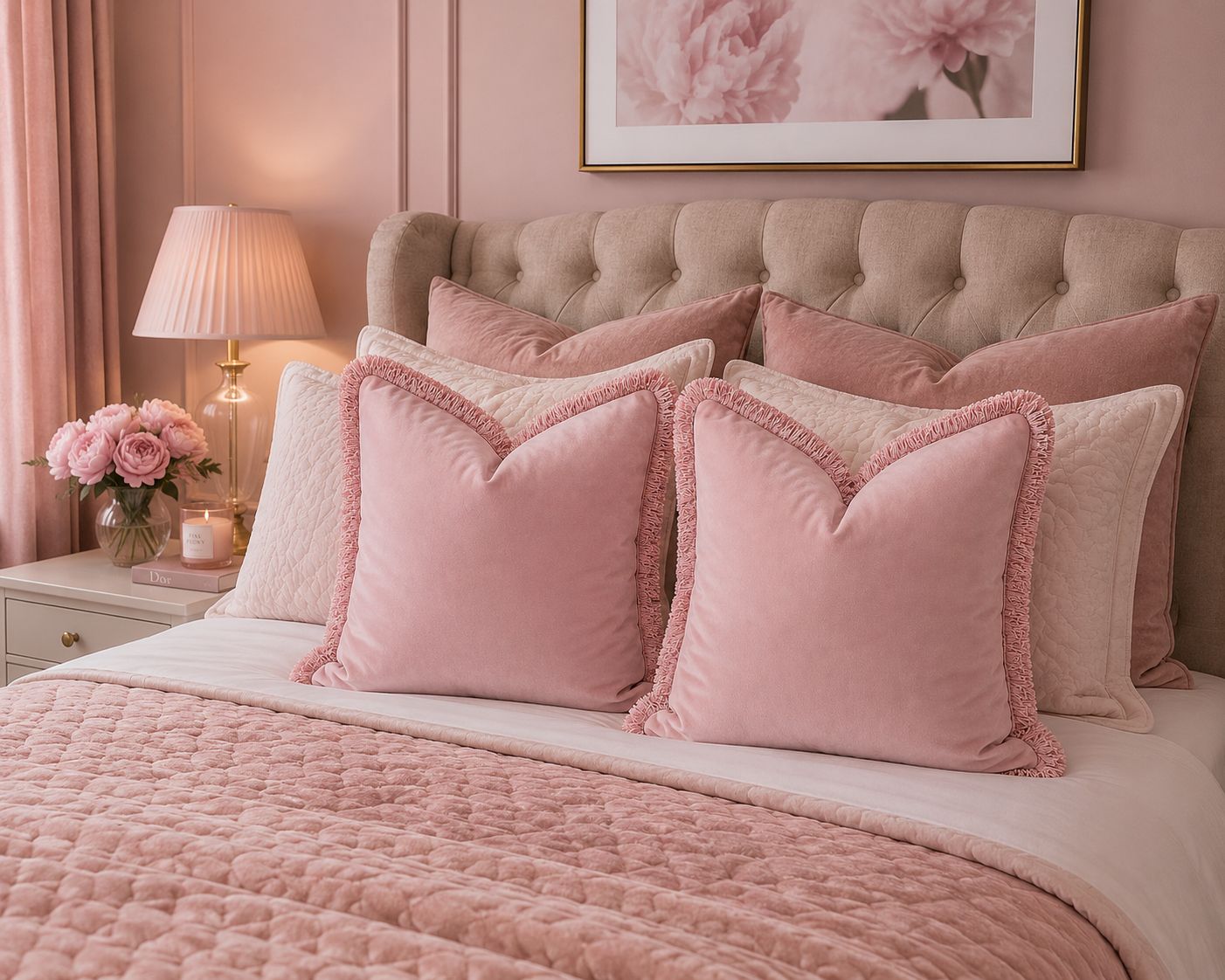 Soft Pink Plush Velvet Cushion Cover with Pink Fringe