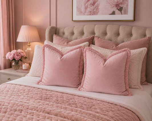 Soft Pink Plush Velvet Cushion Cover with Pink Fringe