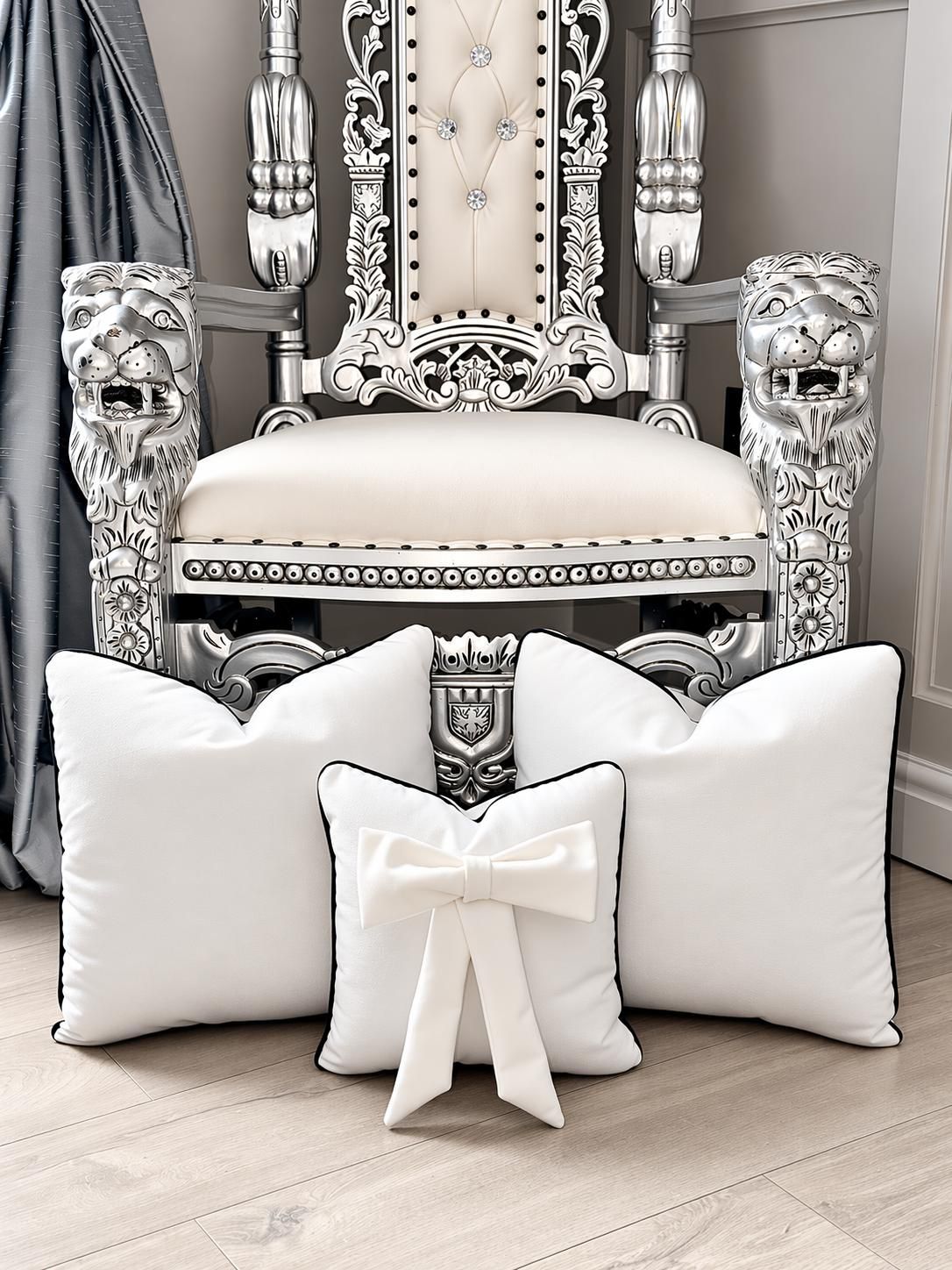 White Plush Cushion Set With Black Piping (Set Of 3)