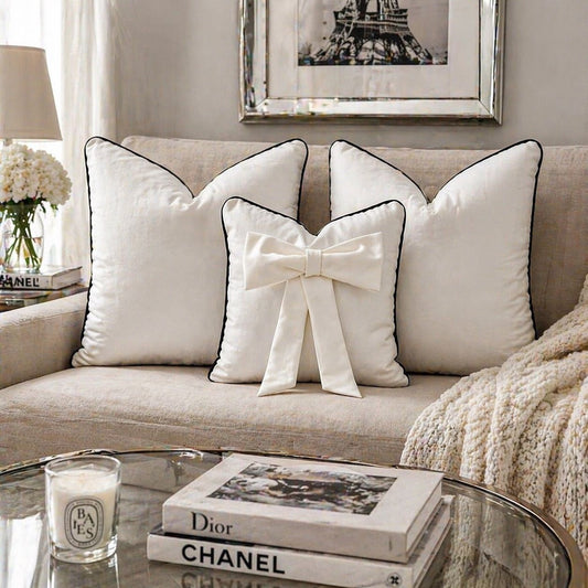 White Plush Cushion Set With Black Piping (Set Of 3)