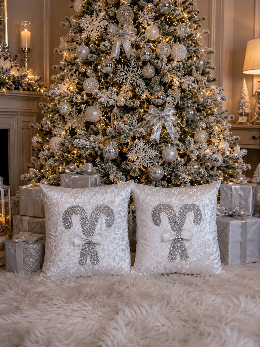 White & Silver Candy Cane Bow Cushion