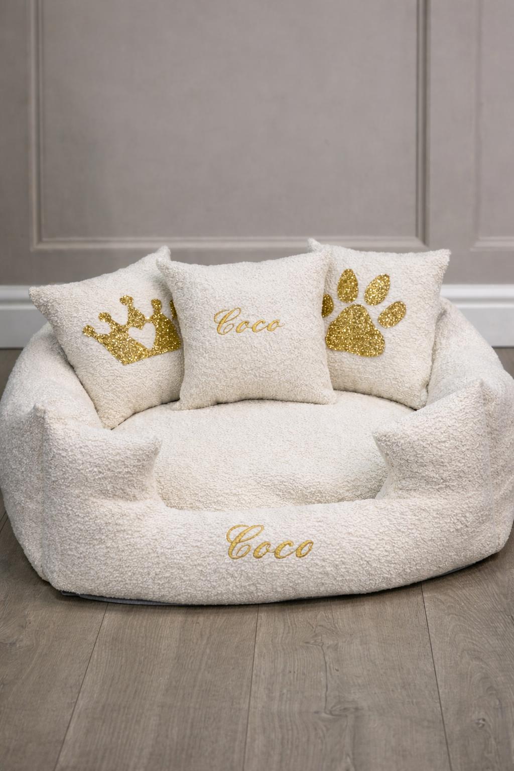 Cream Boucle Dog Bed With Gold Piping - With Personalisation