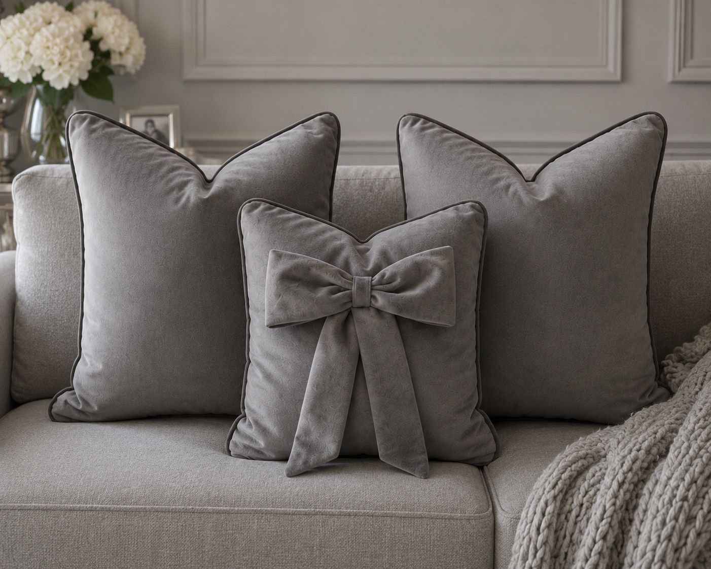 Grey Plush Cushion Set With Piping (Set of 3)