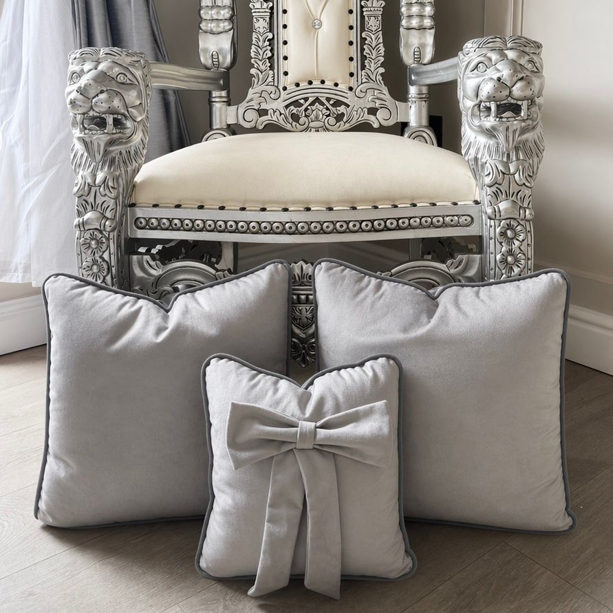 Silver Plush Cushion Set With Grey Piping (Set Of 3)