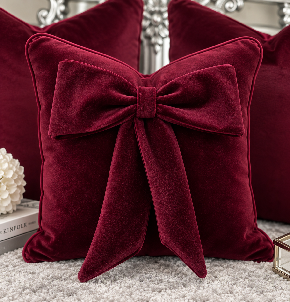 Burgundy Plush Cushion Set With Burgundy Piping (Set Of 3)