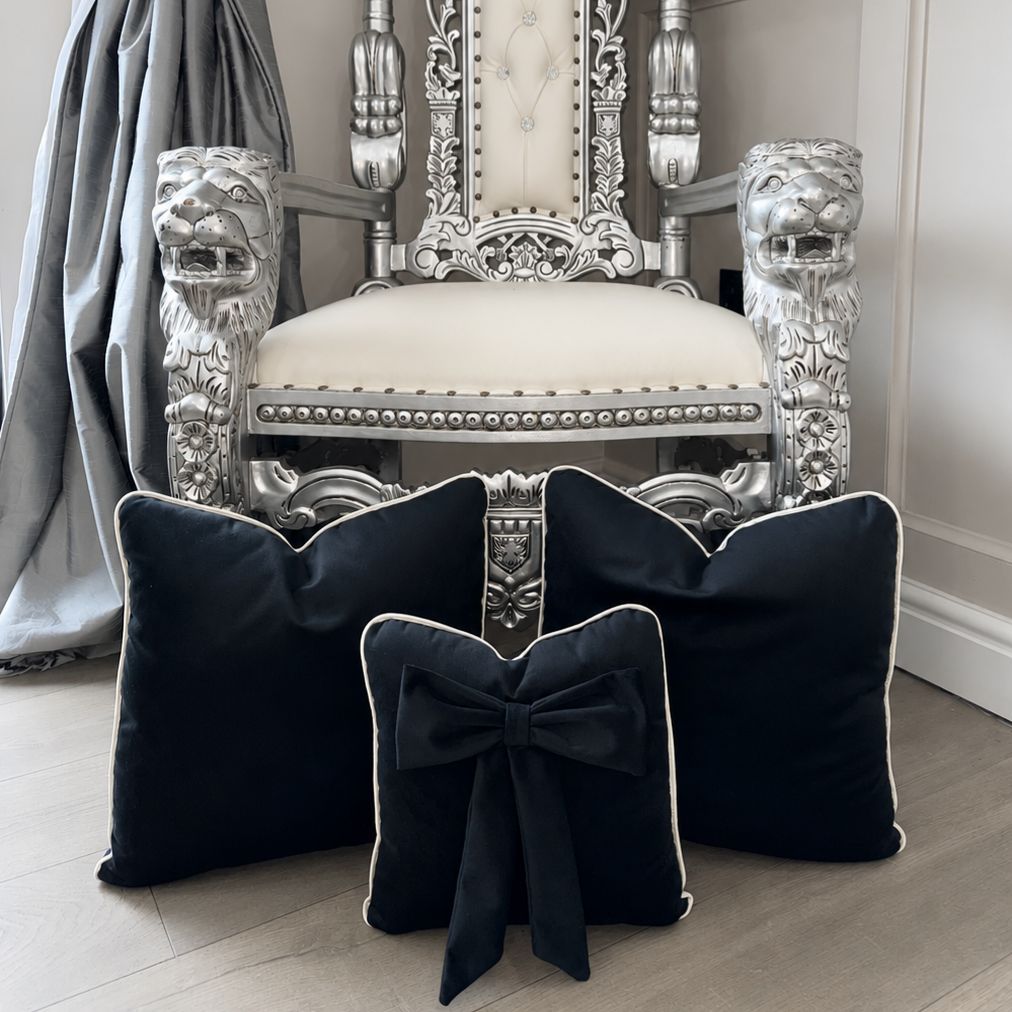 Black Plush Cushion Set with Ivory Piping (Set of 3)