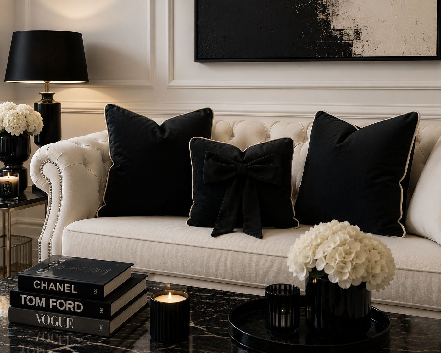Black Plush Cushion Set with Ivory Piping (Set of 3)
