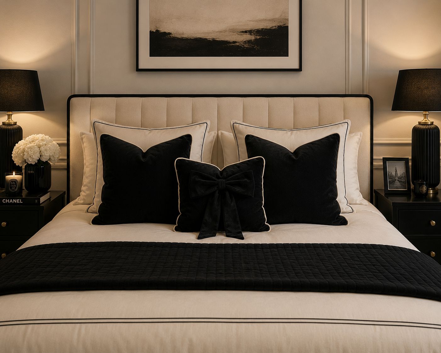 Black Plush Cushion Set with Ivory Piping (Set of 3)