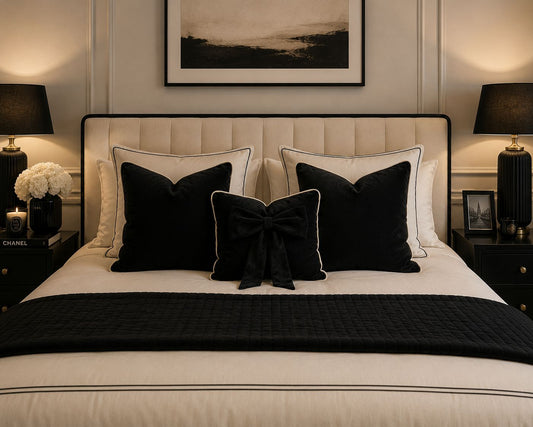 Black Plush Cushion Set with Ivory Piping (Set of 3)