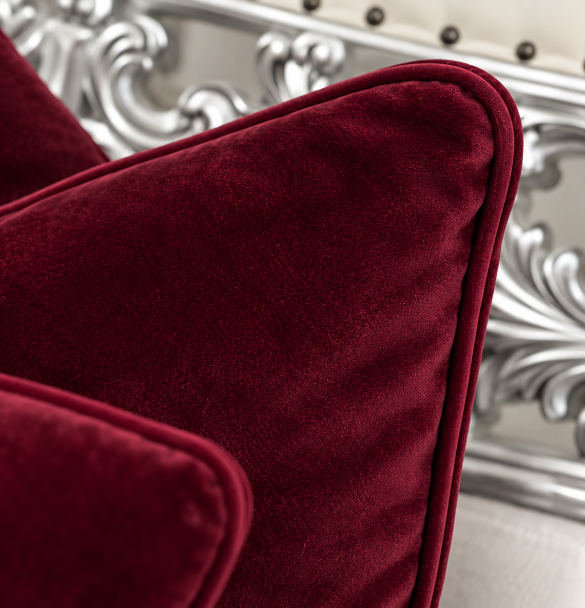 Burgundy Plush Cushion Set With Burgundy Piping (Set Of 3)