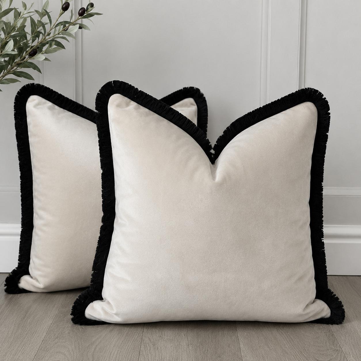 Cream Plush Velvet Cushion Cover with Black Fringe