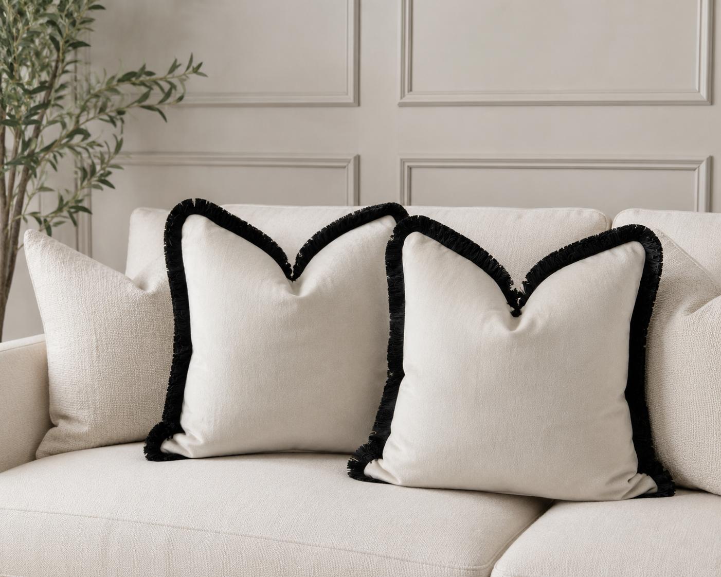 Cream Plush Velvet Cushion Cover with Black Fringe