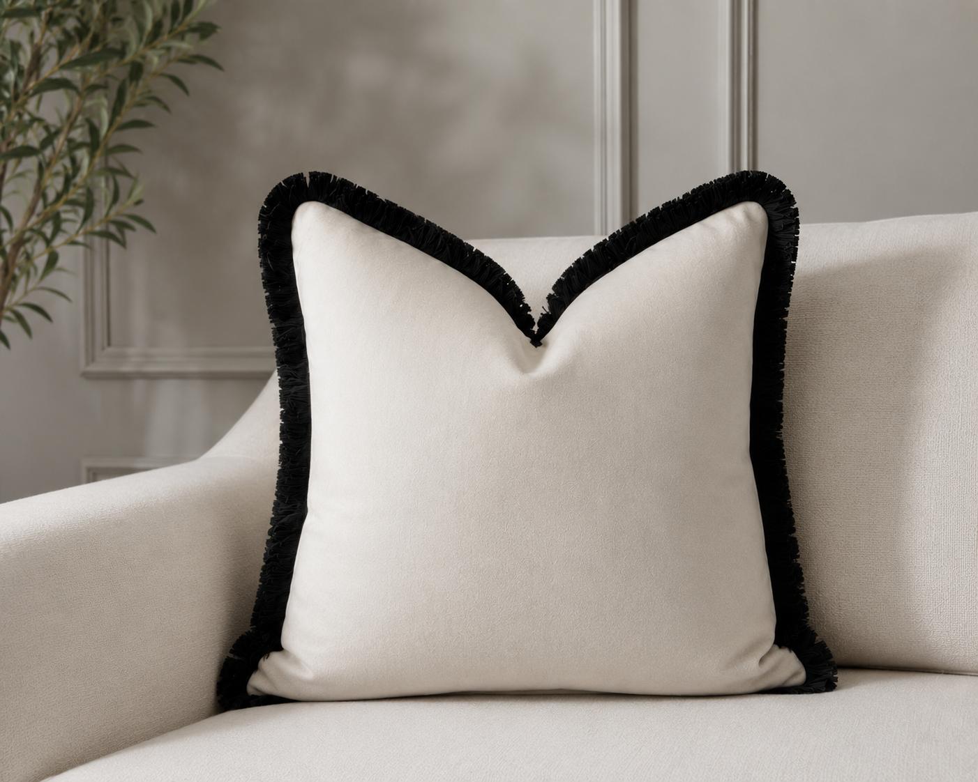 Cream Plush Velvet Cushion Cover with Black Fringe
