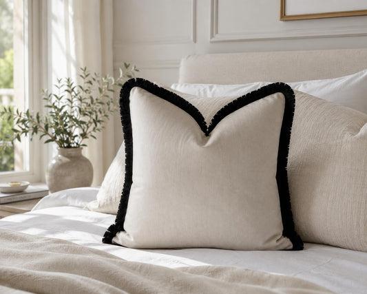 Cream Plush Velvet Cushion Cover with Black Fringe