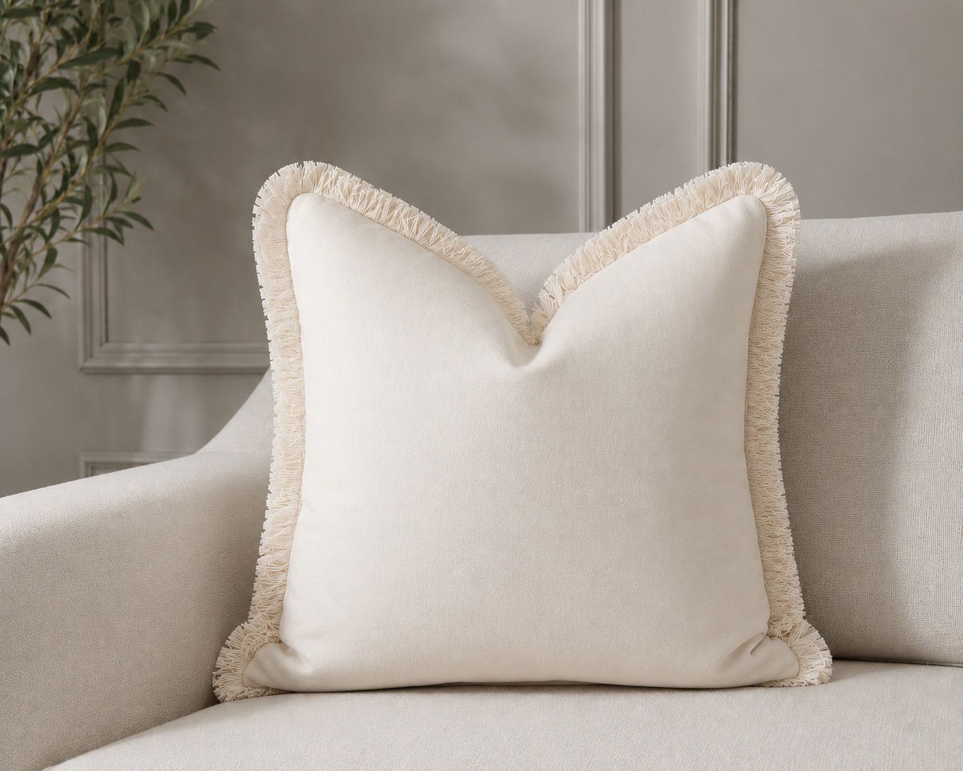 Cream Plush Velvet Cushion Cover with Cream Fringe
