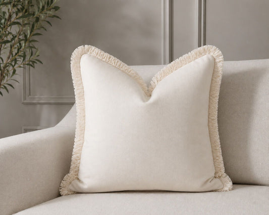 Cream Plush Velvet Cushion Cover with Cream Fringe