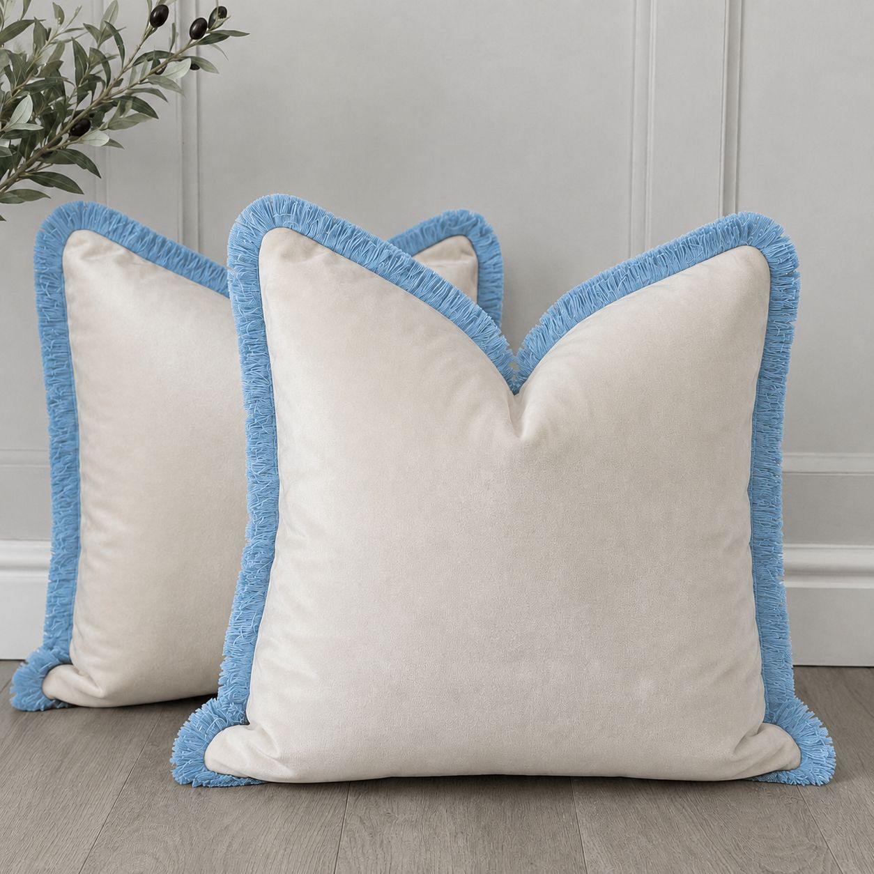 Cream Plush Velvet Cushion Cover with Baby Blue Fringe