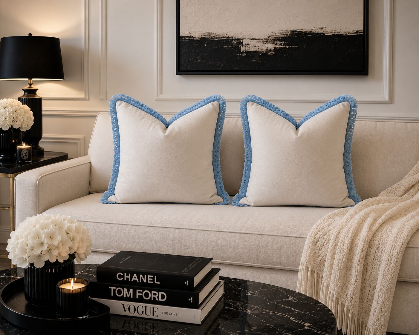 Cream Plush Velvet Cushion Cover with Baby Blue Fringe
