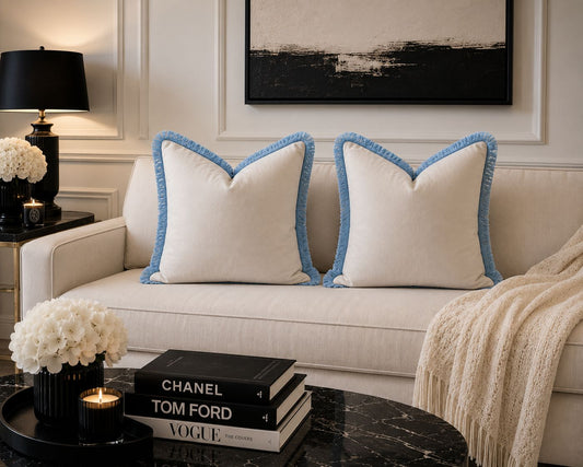 Cream Plush Velvet Cushion Cover with Baby Blue Fringe