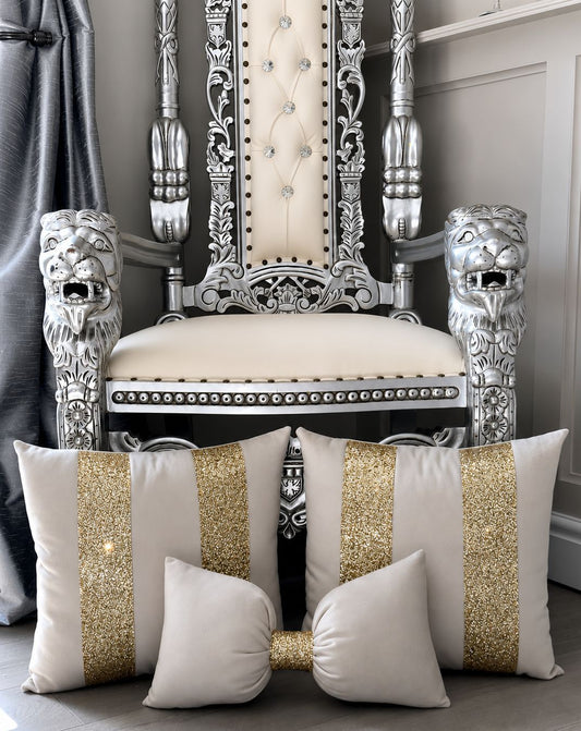 Cream & Gold Glitter Plush Cushions with Bow (Set Of 3)