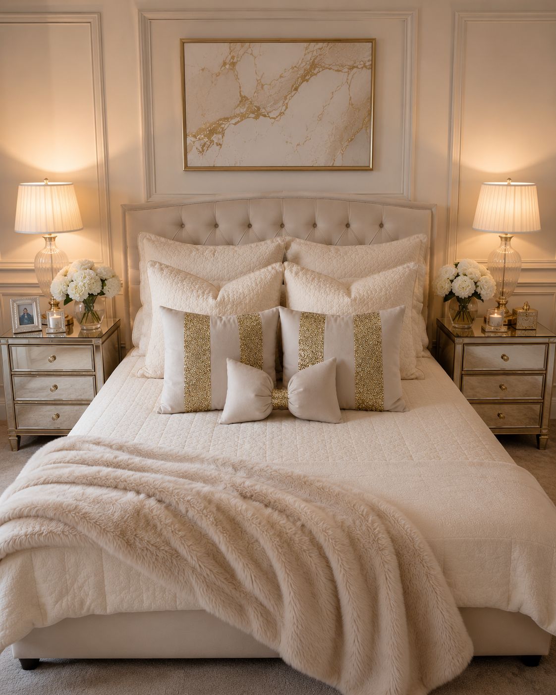 Cream & Gold Glitter Plush Cushions with Bow (Set Of 3)