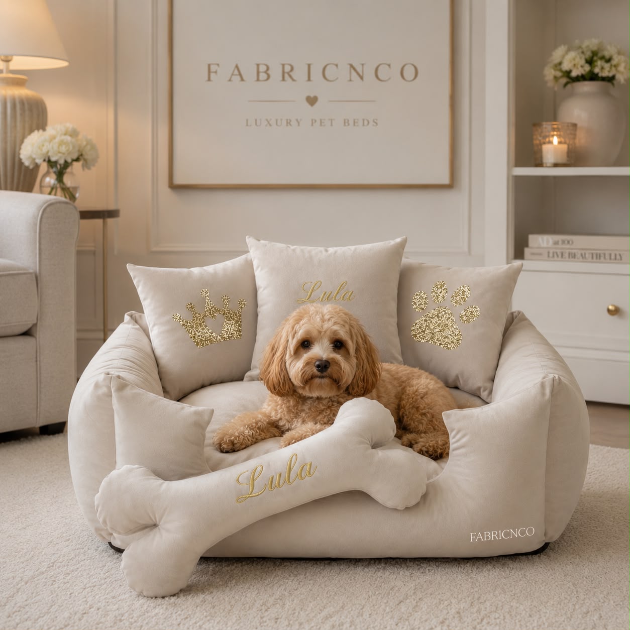 Cream & Gold Personalised Dog Bed With Bone Cushion (All Sizes)