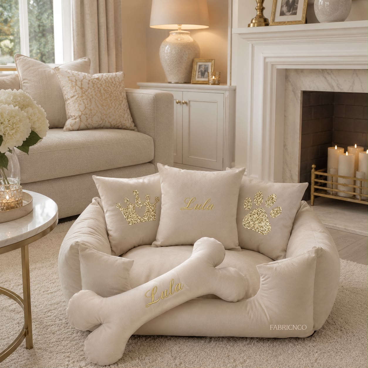 Cream & Gold Personalised Dog Bed With Bone Cushion (All Sizes)