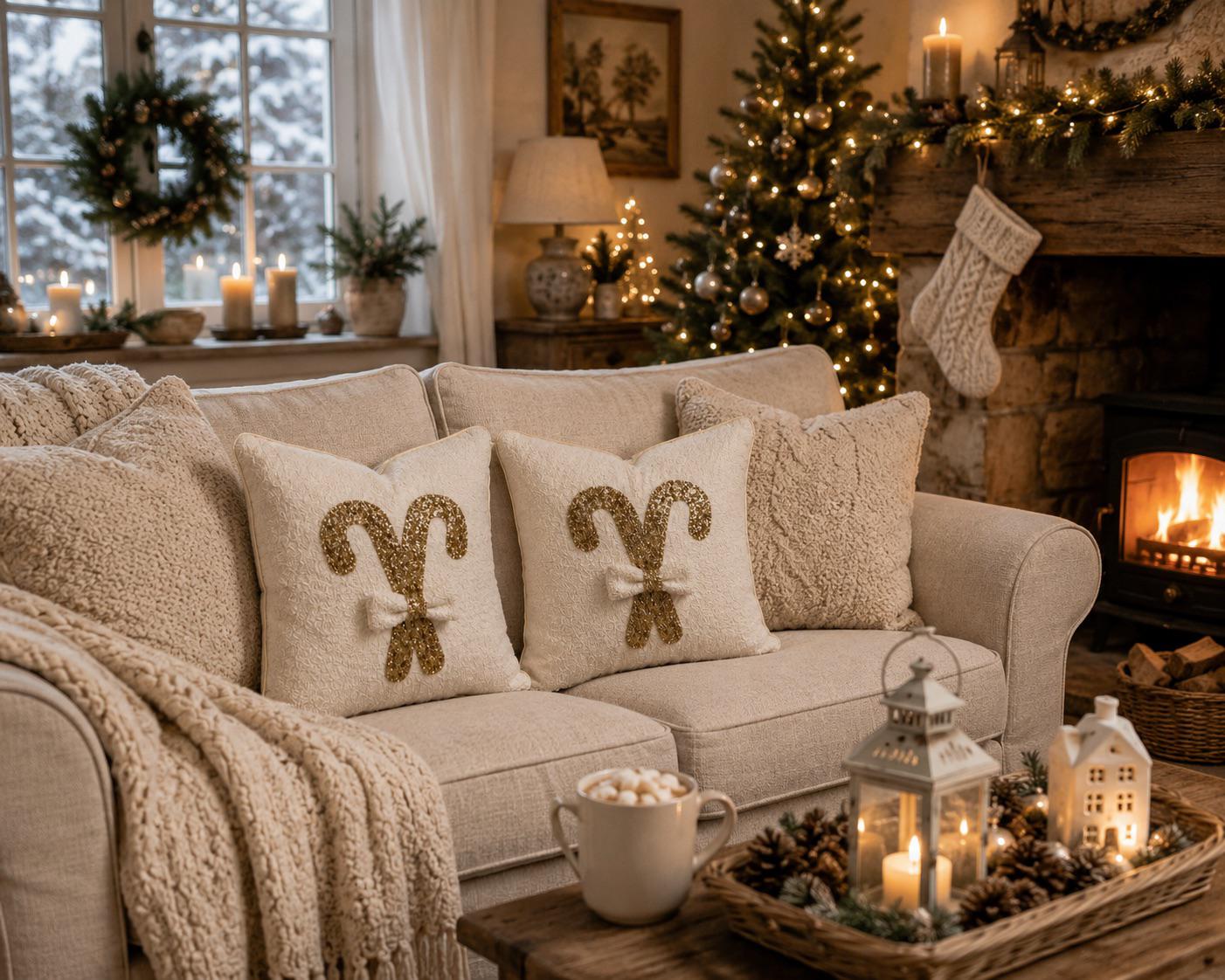 Cream Boucle and Gold Candy Cane Bow Cushion