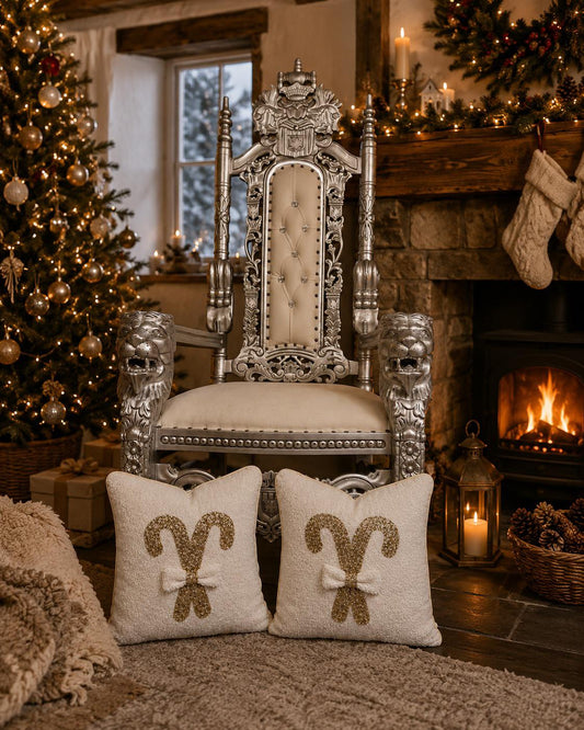 Cream Boucle and Gold Candy Cane Bow Cushion
