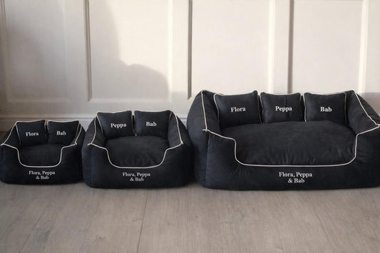 Black Plush Dog Bed With Cream Piping - With Personalisation
