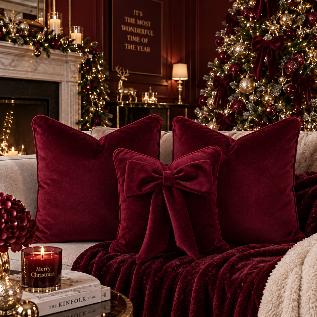 Burgundy Plush Cushion Set With Burgundy Piping (Set Of 3)