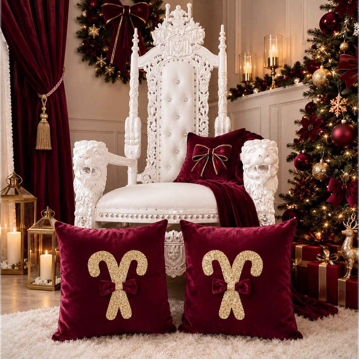 Burgundy & Gold Candy Cane Bow Cushion