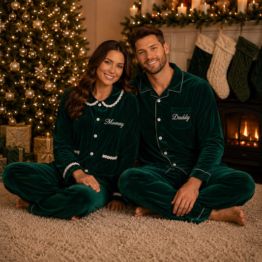 Emerald Green Personalised Velvet Christmas Pyjamas - Adults