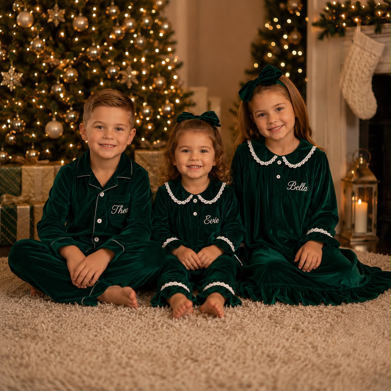 Emerald Green Personalised Velvet Christmas Pyjamas - Kids